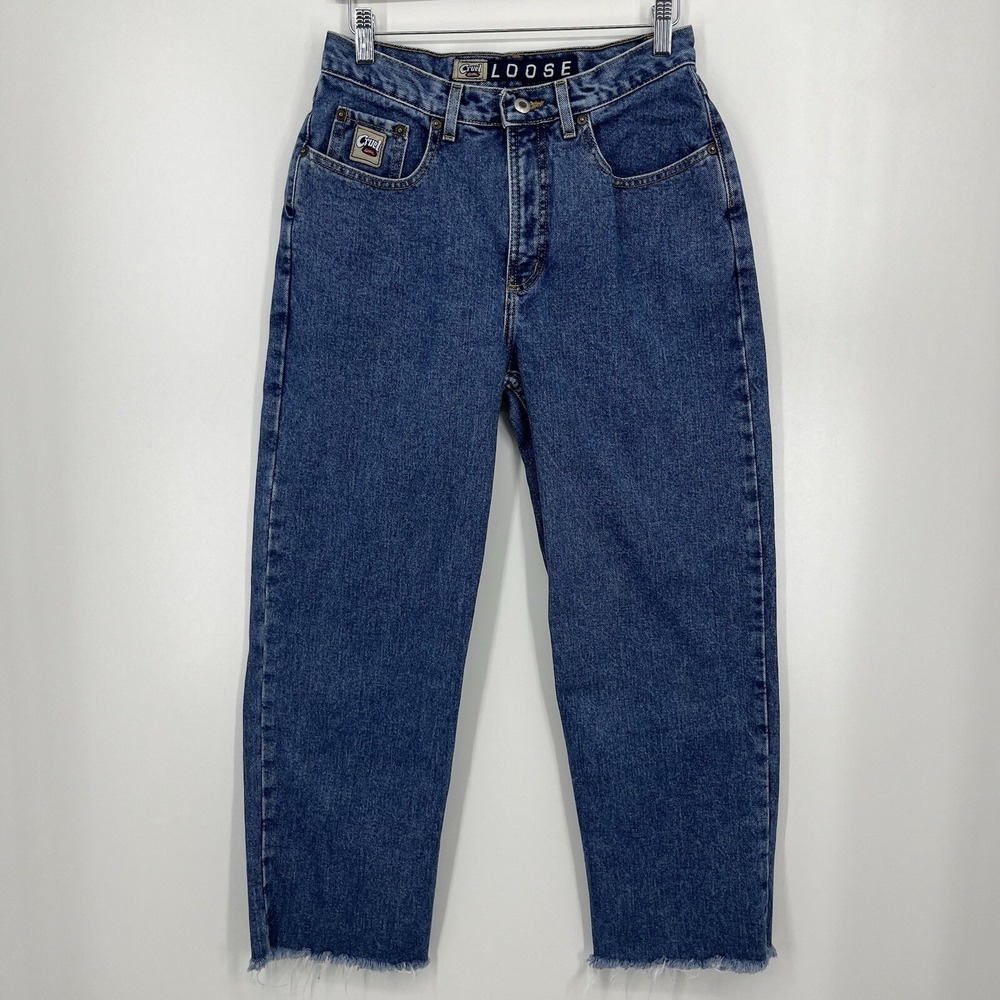 Cruel Girl Loose Fit High Rise Raw Hem Jeans Medium Wash Denim Womens 9 Short